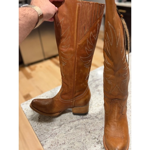 Freebird Tan Leather Tall Western Boots Flame Embroidery Side Zip Sz 9 - Picture 6 of 10